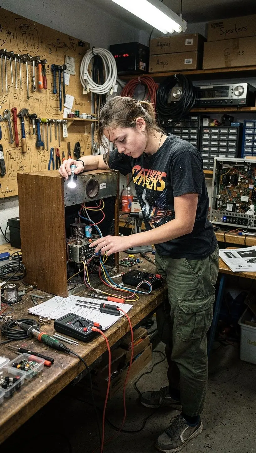 Technician inspecting damaged speaker components for repair