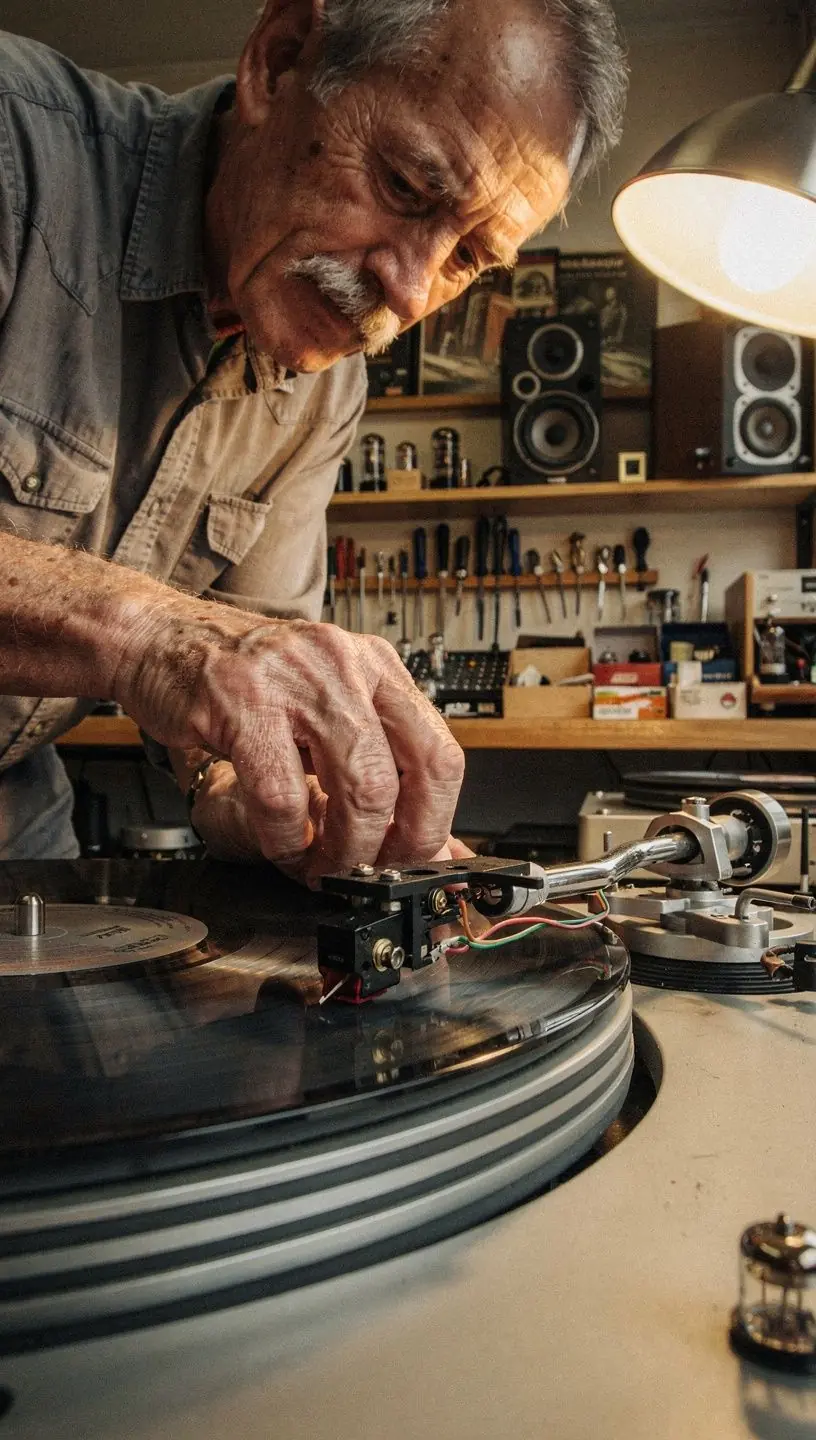 Close-up of a vinyl player tonearm adjustment