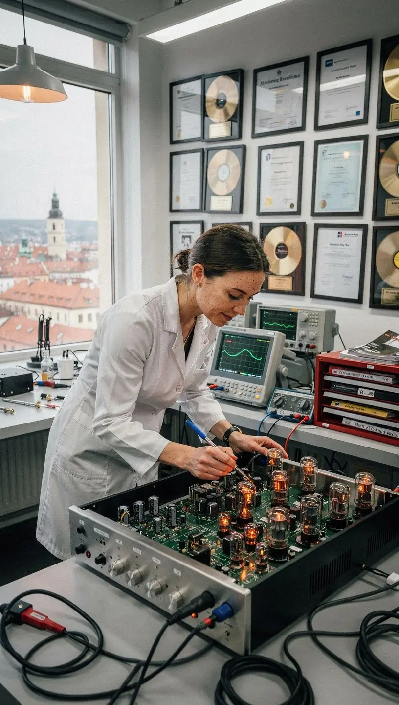 Close-up of a vinyl player’s internal mechanics.